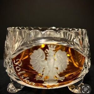 Vintage Bohemian Amber Cut to Clear Etched Eagle Polska Czech Crystal Dish